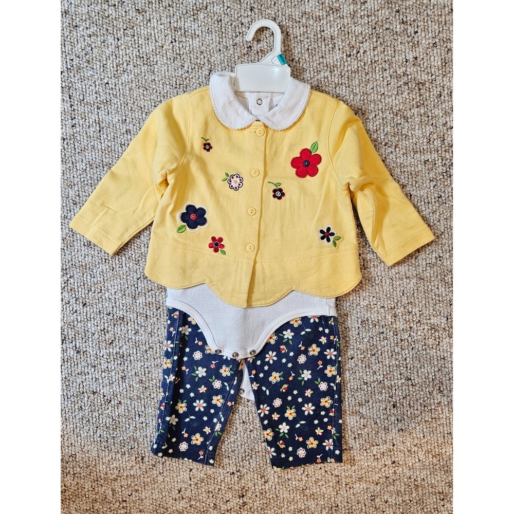 VTG Buster Brown 18M Yellow Floral Cardigan Bodysuit & Leggings 3pc Outfit Set